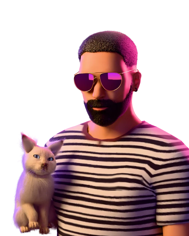 Jesús drawn as a game character: gold aviators, a dark hoop earring, a beard and a striped tee, with Dante, a cream lynx-point kitten with blue eyes, on his shoulder as player 2.